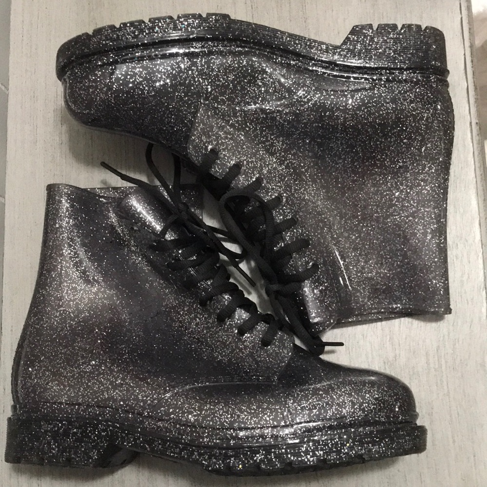 Black Jelly Rain boots with silver glitter/laced - Picture 2 of 4